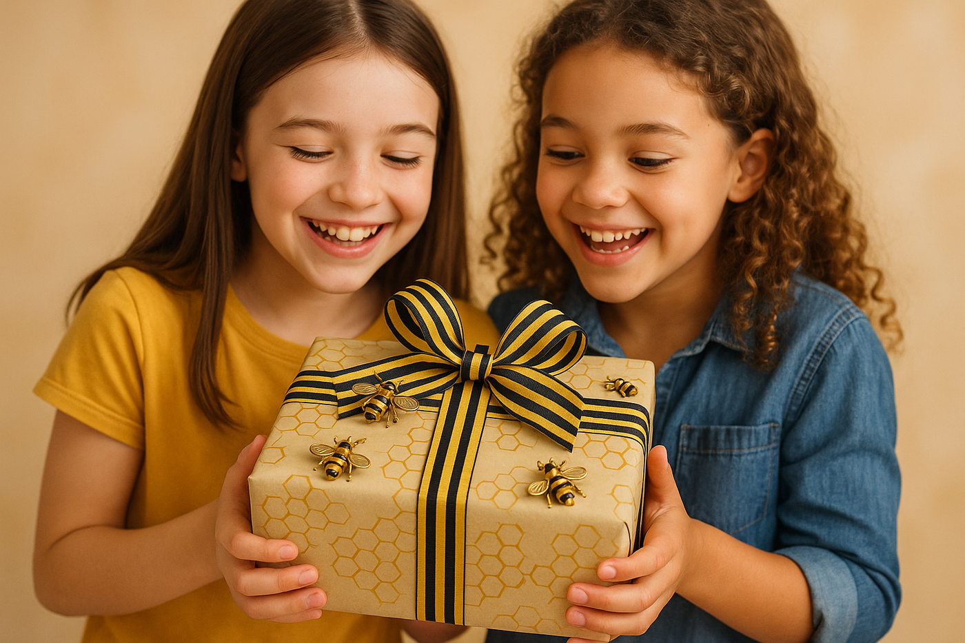 2 girls holds a gift with bee decoration