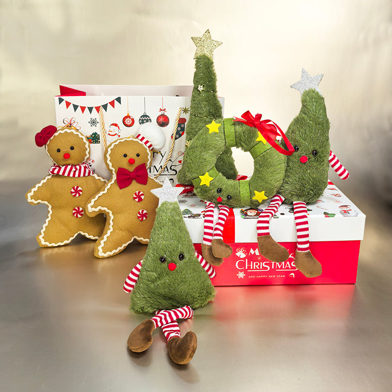 Christmas Tree Decoration Doll Desktop Cute Plush Toy Pendant Green Doll Set Gingerbread Man Boy and Girl Christmas Tree Scene Decoration New Year Gift Box for Children