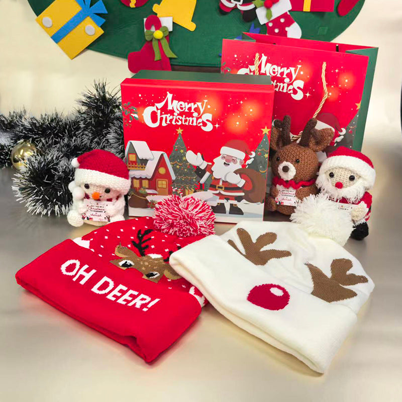 Christmas gift box set for New Year, Christmas hats, yarn hooks, woven dolls, small ornaments, Santa Claus snowman, small brown bear, handmade decoration, collection, suitable for giving to friends, relatives, children, present box , New Year gifts