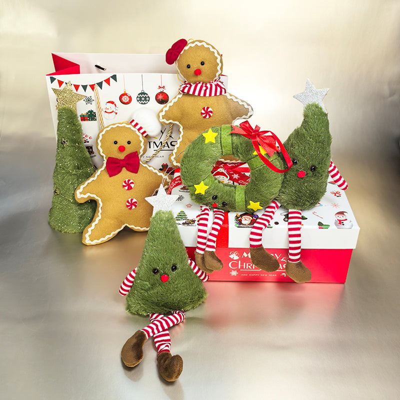 Christmas Tree Decoration Doll Desktop Cute Plush Toy Pendant Green Doll Set Gingerbread Man Boy and Girl Christmas Tree Scene Decoration New Year Gift Box for Children