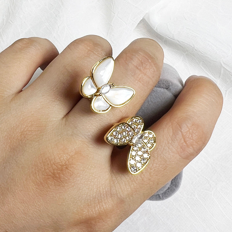 French natural mother of pearl double butterfly ring for women, with a light luxury and high-end temperament. The opening can be adjusted with the index finger ring, giving her jewelry a fashionable and personalized girl's ring