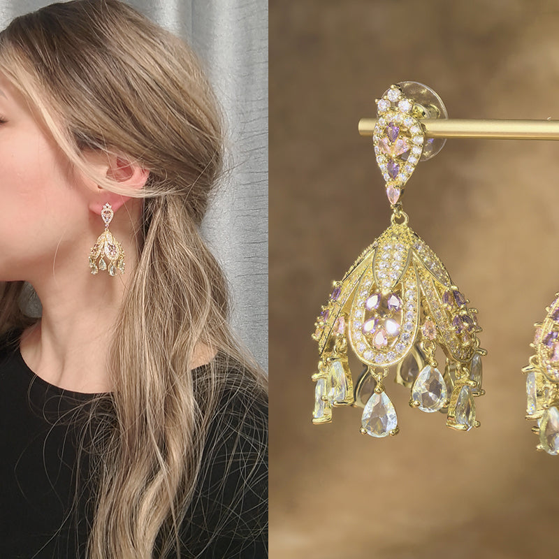 French Court Style Exaggerated and Magnificent Earrings s925 Silver Needle Zircon Inlaid High level Pendant Wind Bell Earrings Women's Dress Professional Dress Fashion Versatile Accessories Earrings Exquisite Girl Gift for Her sisters to Girlfriend B