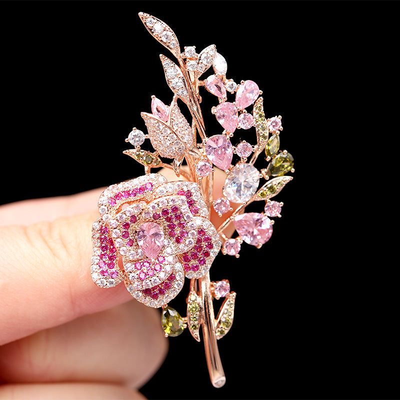 Korean Heavy Industry Micro inlaid Colorful Zirconium Corsage Temperament Flower Zircon Pins Evening Dress Accessories Rose Blossom Brooch Fashion Surprise Gift for Friends sisters Fashion Surprise Gift for Yourself Fashion Costume Decoration Clothes