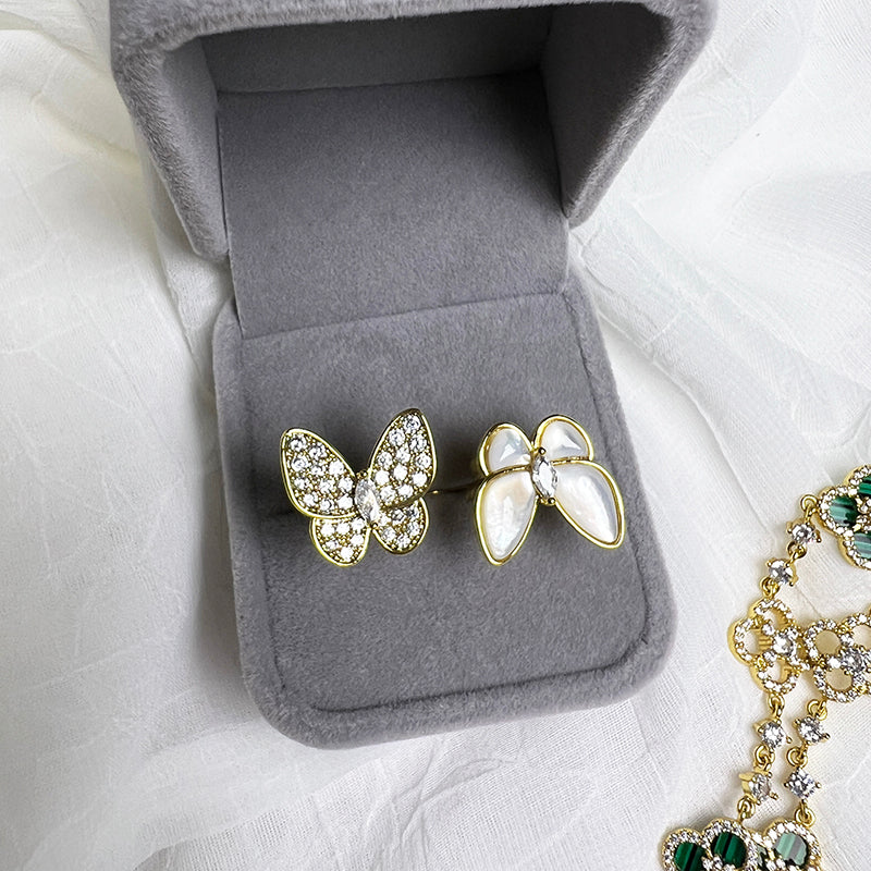 French natural mother of pearl double butterfly ring for women, with a light luxury and high-end temperament. The opening can be adjusted with the index finger ring, giving her jewelry a fashionable and personalized girl's ring