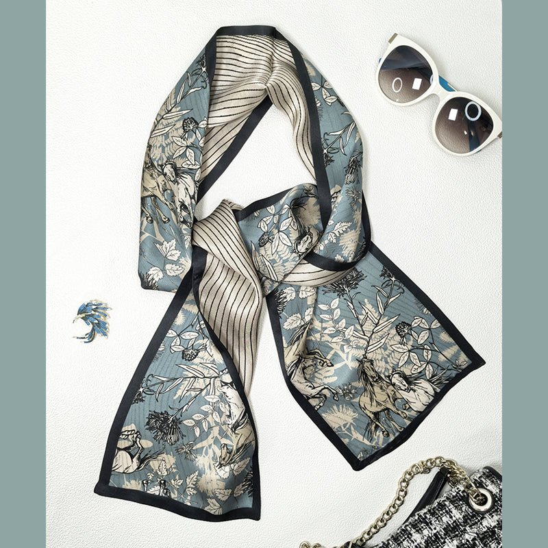 Silkworm silk scarves, thin and long stripes, printed women's fashion, versatile small scarves, ribbons, sunscreen, small silk, thoughtful gifts for friends, sisters, relatives and themselves, birthday gifts, thanksgiving gift box