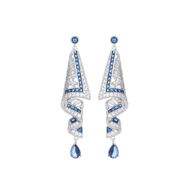 Fashion Green Cubic Zirconia Spiral Earring for Women Geometric Chunky Long Water Drop Royal Blue Dangle Earrings Festival Party Accessories