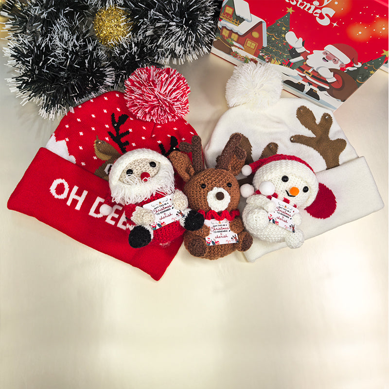 Christmas gift box set for New Year, Christmas hats, yarn hooks, woven dolls, small ornaments, Santa Claus snowman, small brown bear, handmade decoration, collection, suitable for giving to friends, relatives, children, present box , New Year gifts