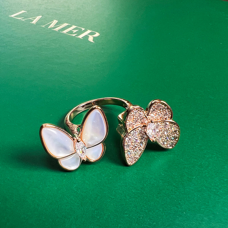 French natural mother of pearl double butterfly ring for women, with a light luxury and high-end temperament. The opening can be adjusted with the index finger ring, giving her jewelry a fashionable and personalized girl's ring