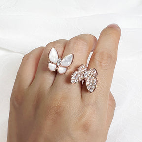 French natural mother of pearl double butterfly ring for women, with a light luxury and high-end temperament. The opening can be adjusted with the index finger ring, giving her jewelry a fashionable and personalized girl's ring
