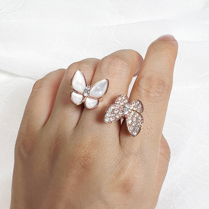 French natural mother of pearl double butterfly ring for women, with a light luxury and high-end temperament. The opening can be adjusted with the index finger ring, giving her jewelry a fashionable and personalized girl's ring