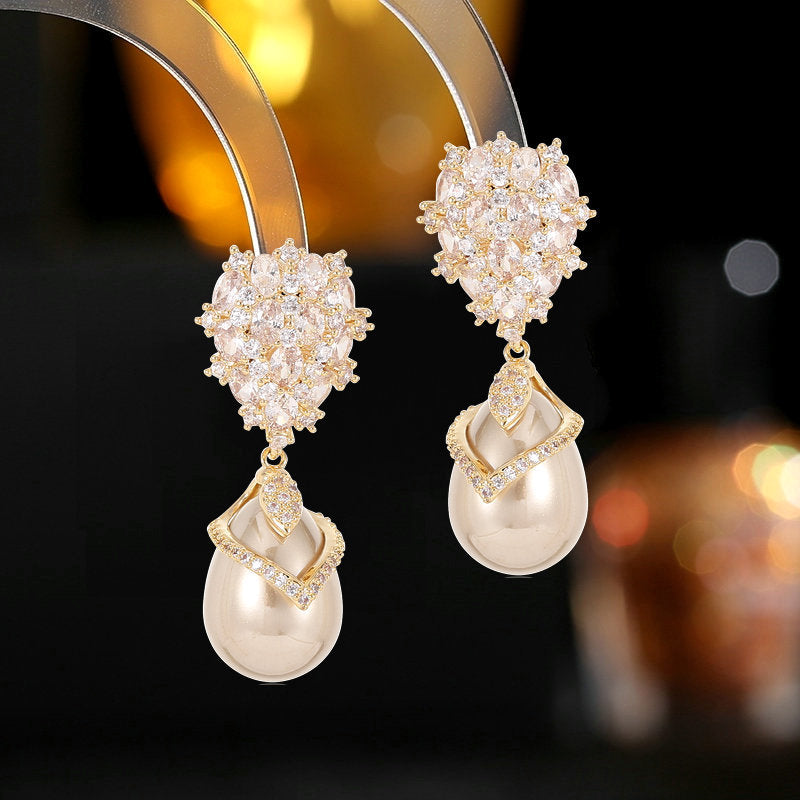 Inlaid Cubic Zirconia Earrings Elegant design Palace Style Droplet Imitation Pearl Like Women Earrings Women's handmade jewelry A Gift for Her
