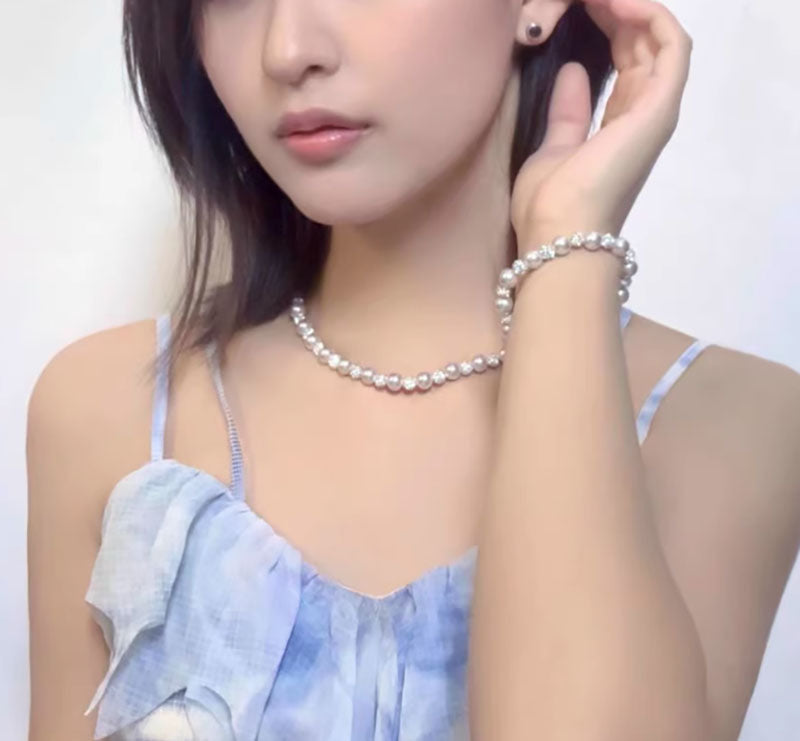 French rose purple pearl zircon necklace bracelet ring for women, light luxury, niche exquisite bracelet, new fashionable jewelry, women's formal dress, versatile workplace clothing, high temperament, high-quality new pearl necklace Premium Four Leaf