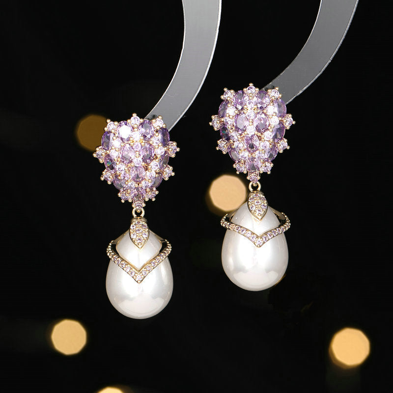 Inlaid Cubic Zirconia Earrings Elegant design Palace Style Droplet Imitation Pearl Like Women Earrings Women's handmade jewelry A Gift for Her