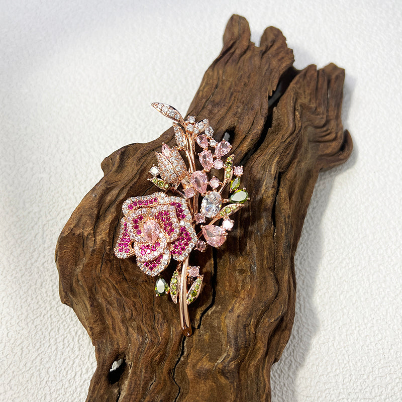 Korean style micro inlaid colorful zircon brooch, elegant rose brooch, evening dress accessories, fashionable surprise gift for friends, birthday gift box for girlfriends