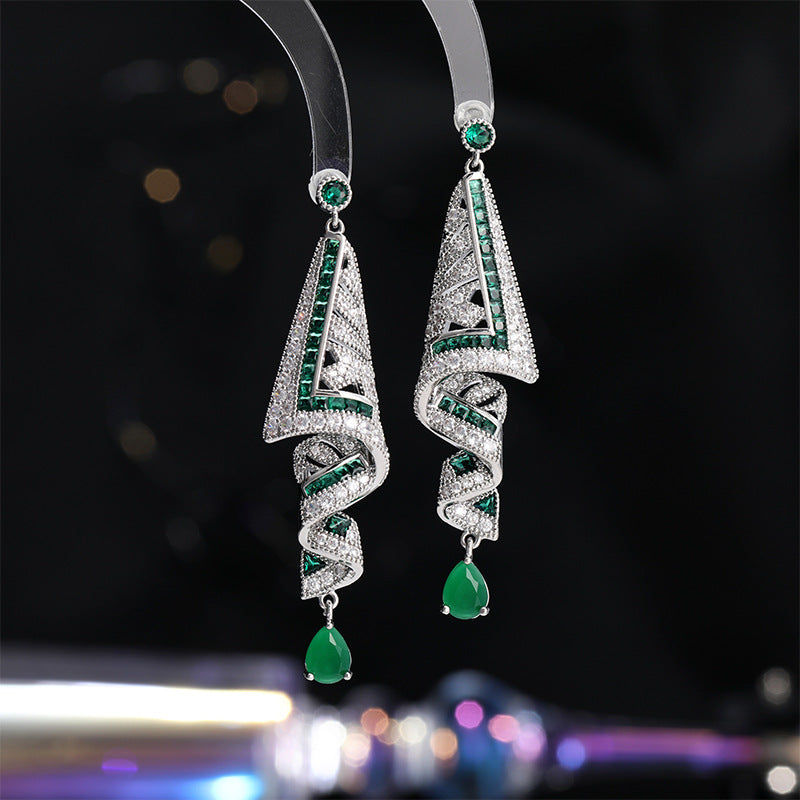 Fashion Green Cubic Zirconia Spiral Earring for Women Geometric Chunky Long Water Drop Royal Blue Dangle Earrings Festival Party Accessories
