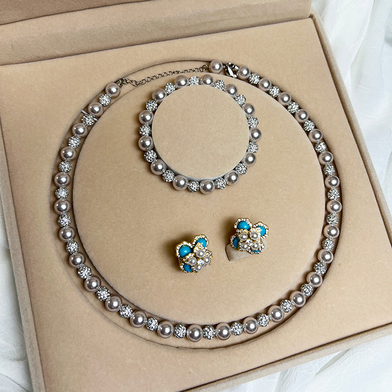 French rose purple pearl zircon necklace bracelet ring for women, light luxury, niche exquisite bracelet, new fashionable jewelry, women's formal dress, versatile workplace clothing, high temperament, high-quality new pearl necklace Premium Four Leaf