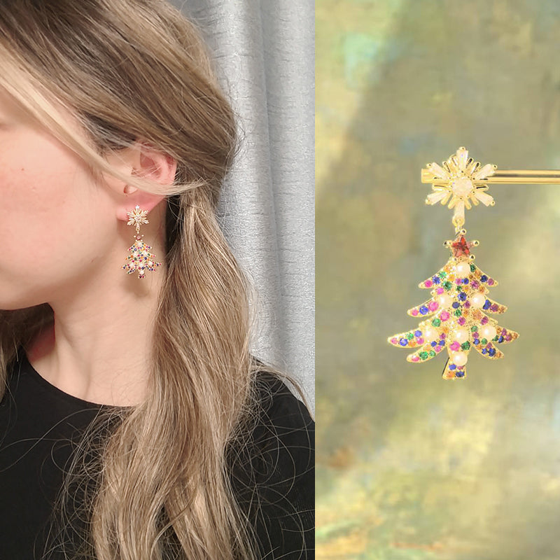 Euramerican fashion Christmas tree earrings New earrings Color zircon inlay Premium Christmas gifts Women's earrings High quality exquisite gifts to send her friends to send sisters to relatives New Year gift Thanksgiving gift box