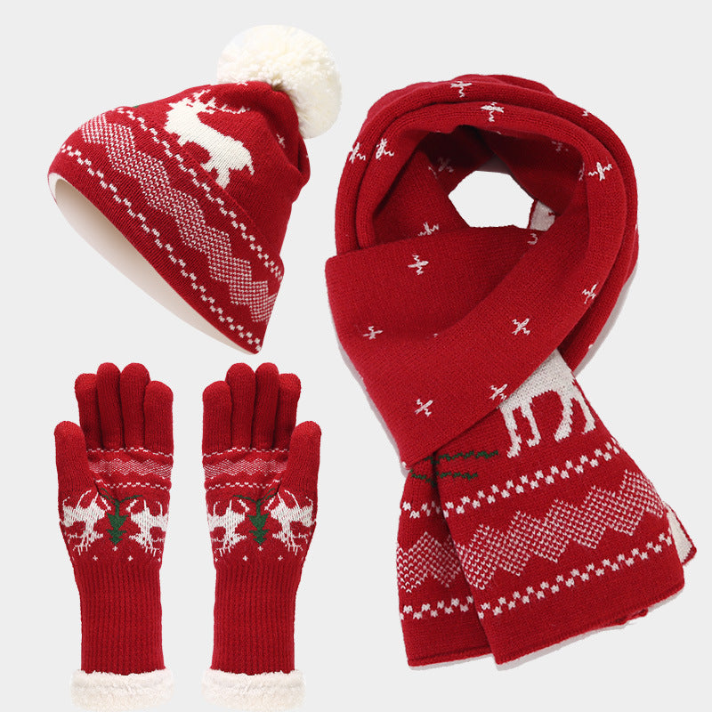 Christmas hat, scarf, gloves, three piece set, European and American reindeer jacquard, autumn and winter warm knit set The best gift for family and friends