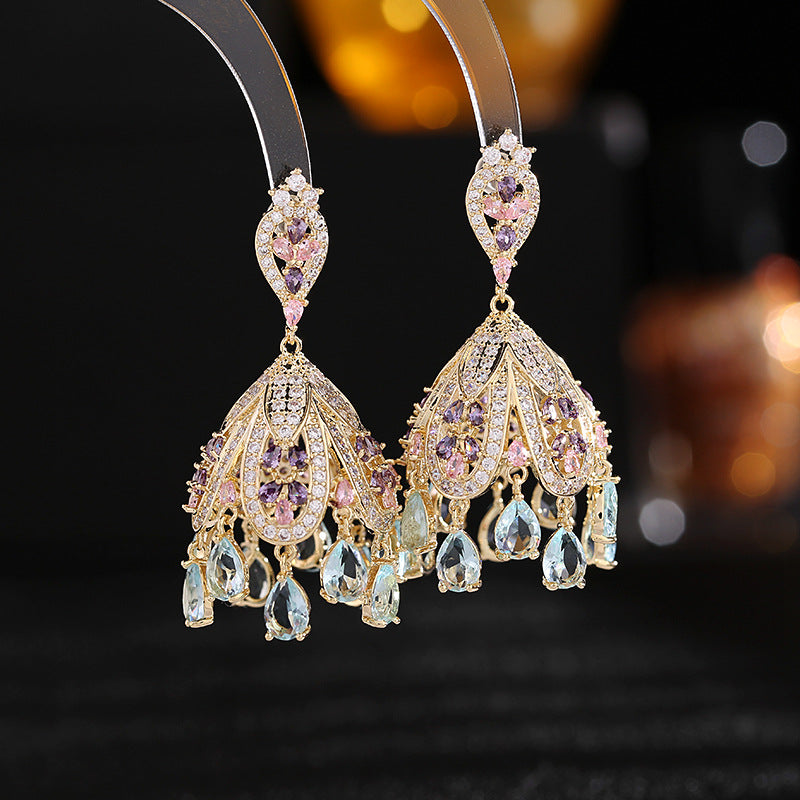 French Court Style Exaggerated and Magnificent Earrings s925 Silver Needle Zircon Inlaid High level Pendant Wind Bell Earrings Women's Dress Professional Dress Fashion Versatile Accessories Earrings Exquisite Girl Gift for Her sisters to Girlfriend B