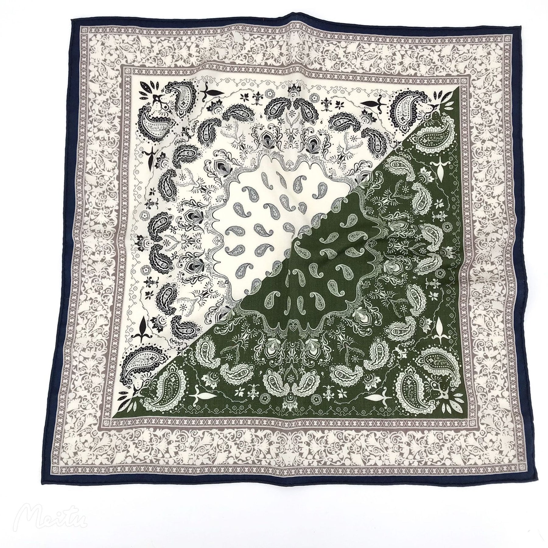 Double sided silk scarf made of real silk and wool, high-end feeling, blue cashew nut pattern square scarf with double-sided printing, women's mulberry silk can be customized, fashionable and versatile, women's scarf gift for family and friends, surp