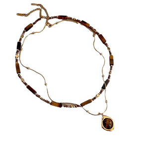 Ladies' retro temperament sweater necklace, double-layer layered autumn and winter Maillard bead tiger eye stone pendant necklace, clothing accessories, exquisite chain for friends, gifts for herself, Christmas gratitude gift box