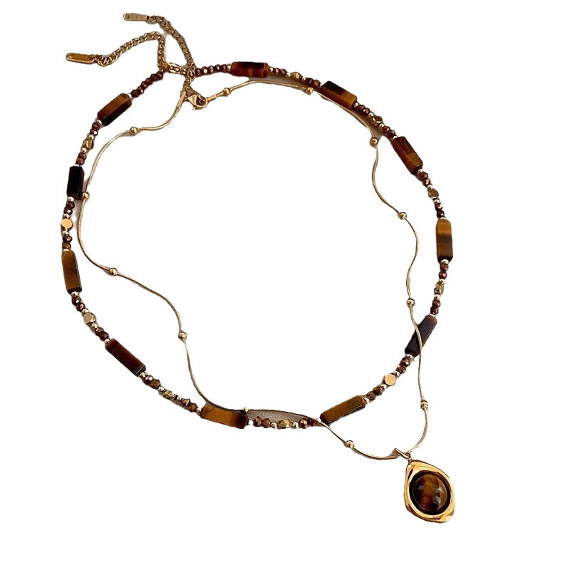 Ladies' retro temperament sweater necklace, double-layer layered autumn and winter Maillard bead tiger eye stone pendant necklace, clothing accessories, exquisite chain for friends, gifts for herself, Christmas gratitude gift box