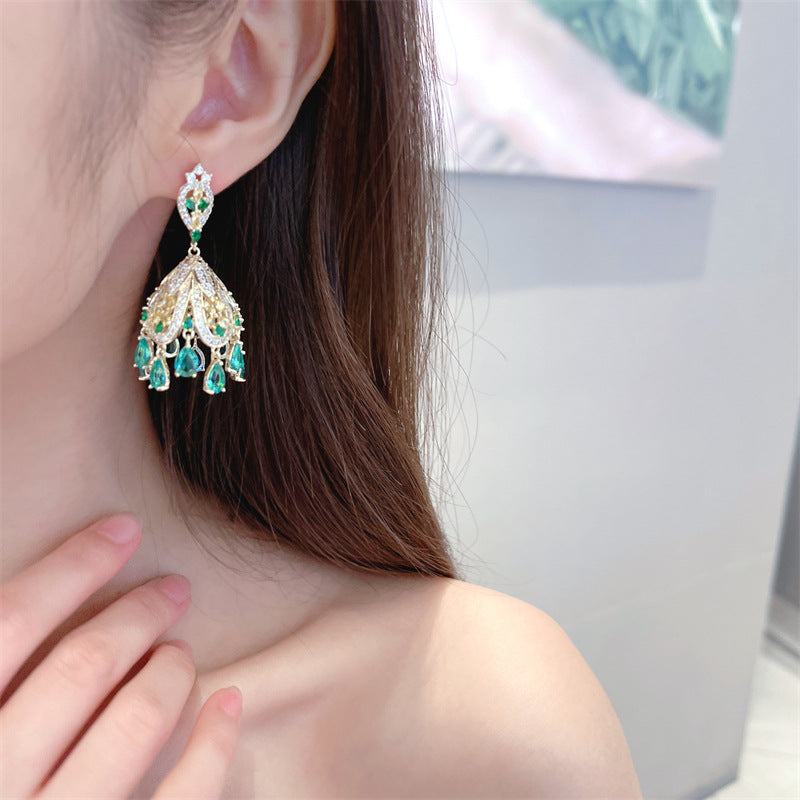 French Court Style Exaggerated and Magnificent Earrings s925 Silver Needle Zircon Inlaid High level Pendant Wind Bell Earrings Women's Dress Professional Dress Fashion Versatile Accessories Earrings Exquisite Girl Gift for Her sisters to Girlfriend B