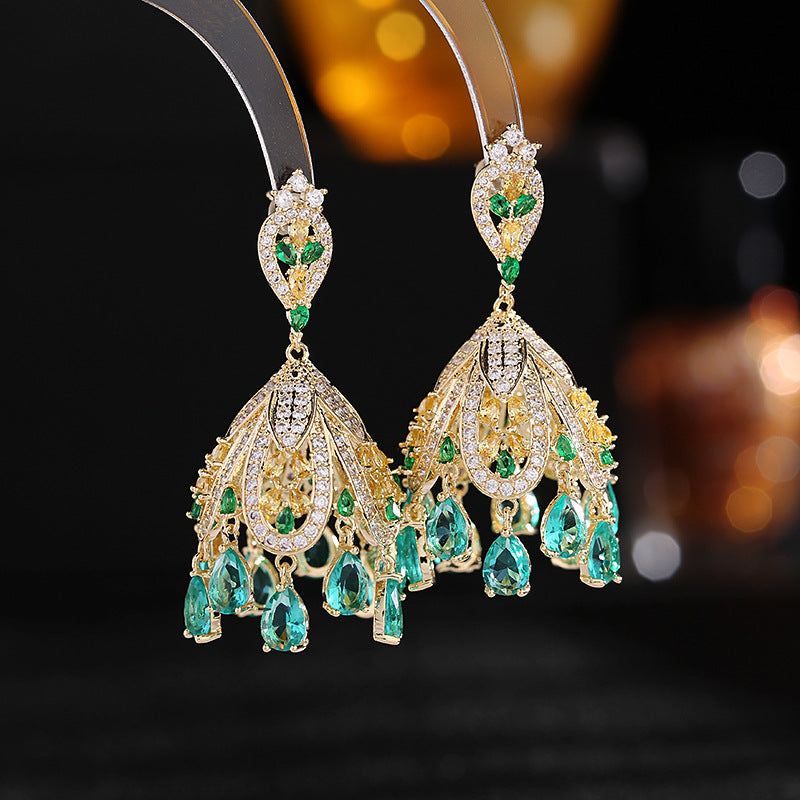 French Court Style Exaggerated and Magnificent Earrings s925 Silver Needle Zircon Inlaid High level Pendant Wind Bell Earrings Women's Dress Professional Dress Fashion Versatile Accessories Earrings Exquisite Girl Gift for Her sisters to Girlfriend B
