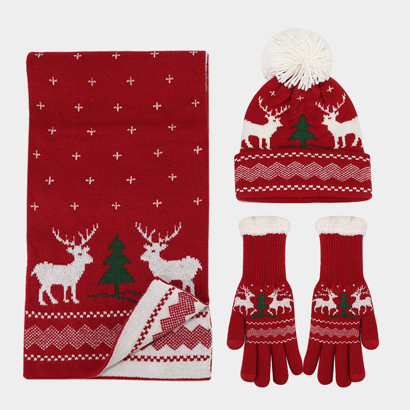 Christmas hat, scarf, gloves, three piece set, European and American reindeer jacquard, autumn and winter warm knit set The best gift for family and friends
