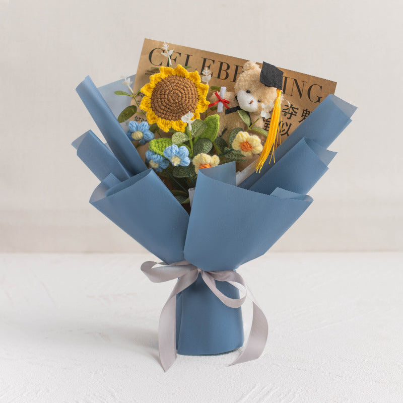 Handmade yarn weaving sunflower puffs bouquet, best women's gift graduation season, high school entrance examination, giving to friends, students, adults, handmade flowers, birthday gifts for boys and girls