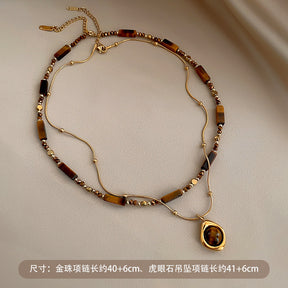 Ladies' retro temperament sweater necklace, double-layer layered autumn and winter Maillard bead tiger eye stone pendant necklace, clothing accessories, exquisite chain for friends, gifts for herself, Christmas gratitude gift box
