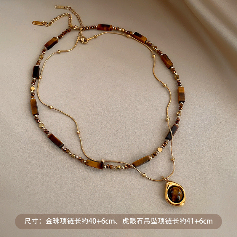 Ladies' retro temperament sweater necklace, double-layer layered autumn and winter Maillard bead tiger eye stone pendant necklace, clothing accessories, exquisite chain for friends, gifts for herself, Christmas gratitude gift box