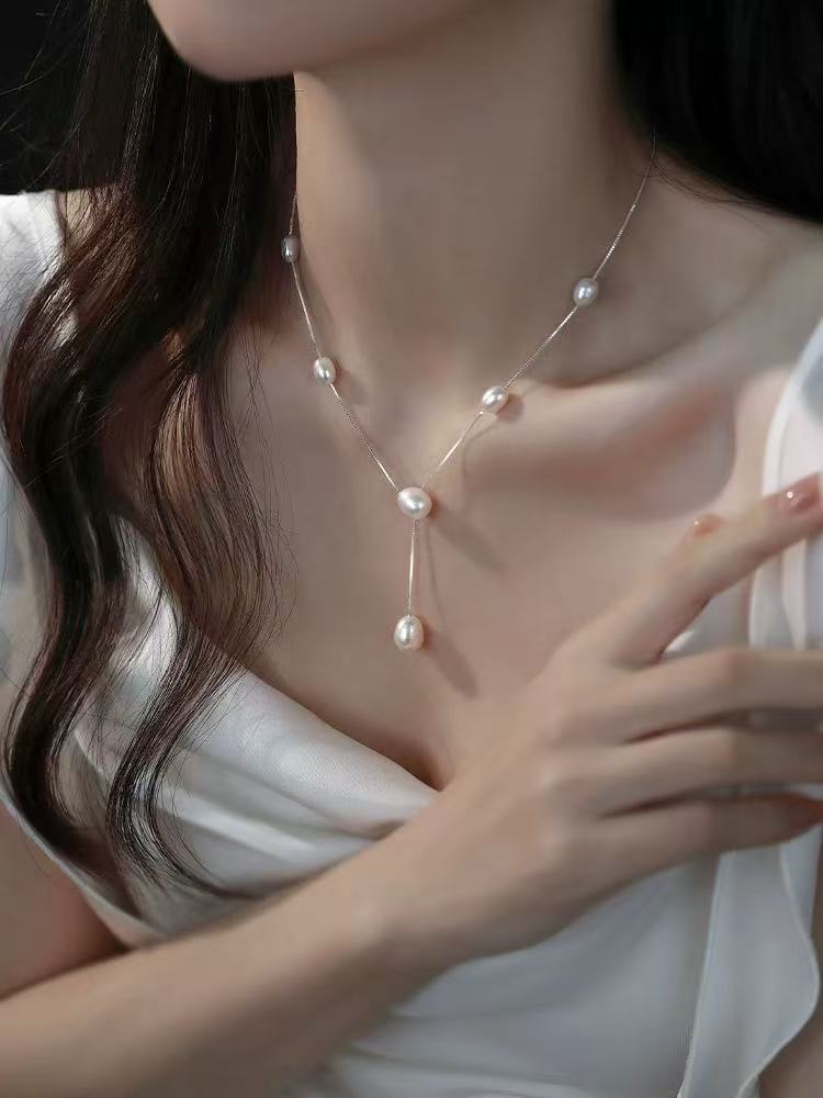 Ladies' necklace "Frie Freshwater Real Pearl Necklace French Elegant Pearl Collar Chain Long Earrings Set for friends, for girlfriends, for sisters, for her birthday, for her own jewelry, for thanksgiving, for women's clothing, with necklace earrings