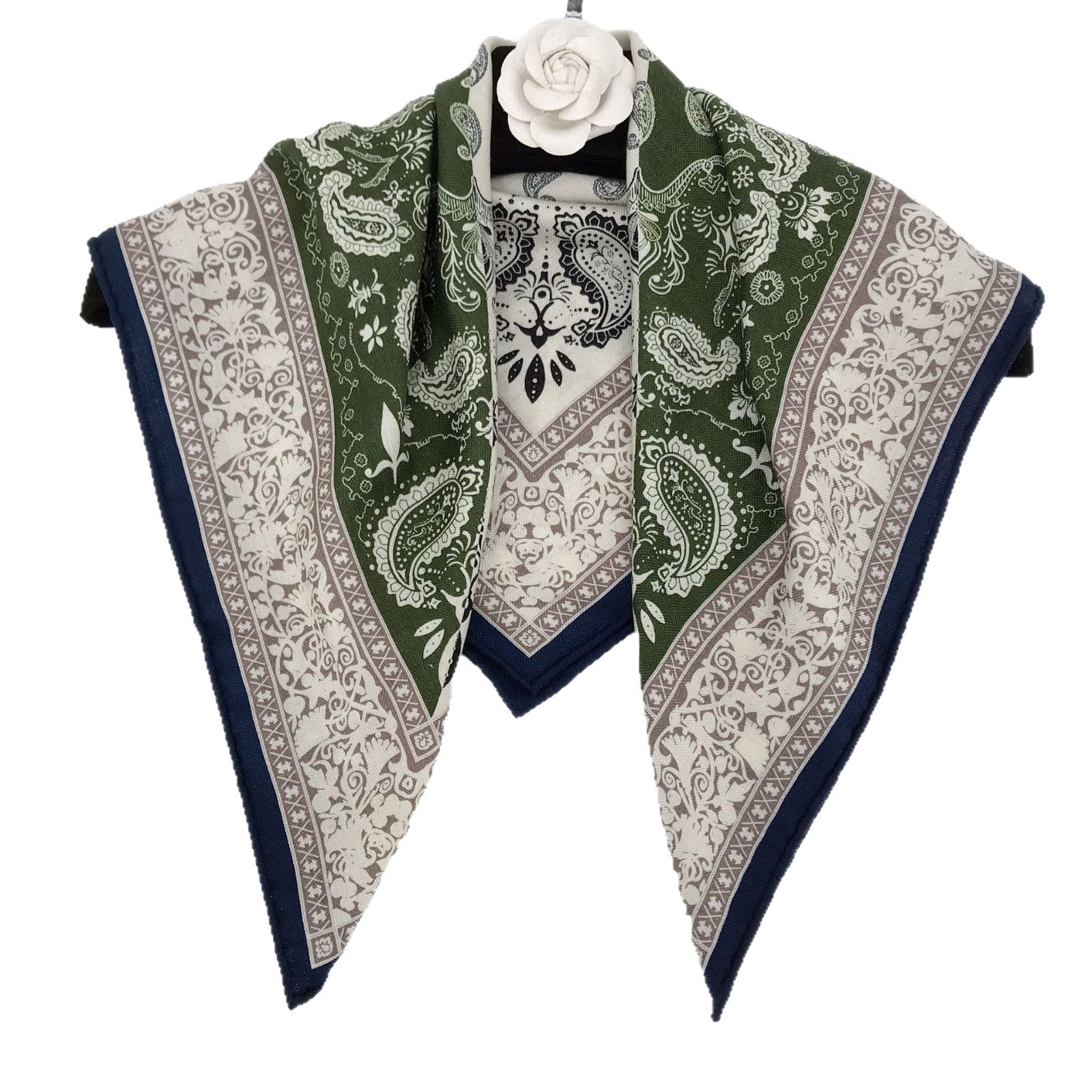 Double sided silk scarf made of real silk and wool, high-end feeling, blue cashew nut pattern square scarf with double-sided printing, women's mulberry silk can be customized, fashionable and versatile, women's scarf gift for family and friends, surp
