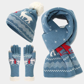 Christmas hat, scarf, gloves, three piece set, European and American reindeer jacquard, autumn and winter warm knit set The best gift for family and friends