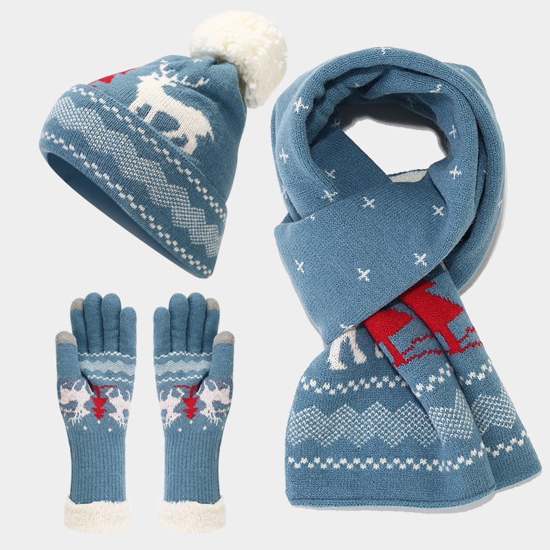 Christmas hat, scarf, gloves, three piece set, European and American reindeer jacquard, autumn and winter warm knit set The best gift for family and friends