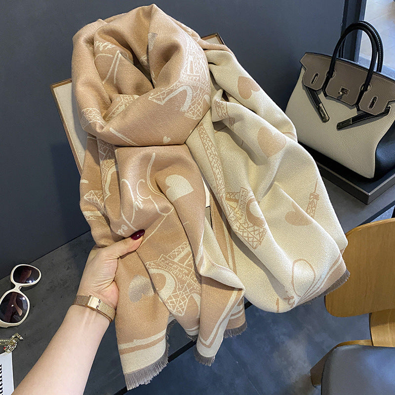 New style cashmere like women's scarf in the autumn and winter of 2025 European and American style iron tower pattern is warm with a multi-purpose scarf. Warm gifts for friends, sisters, relatives, and themselves. Warm and fashionable simple style sc