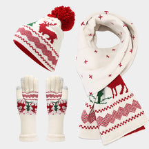 Christmas hat, scarf, gloves, three piece set, European and American reindeer jacquard, autumn and winter warm knit set The best gift for family and friends