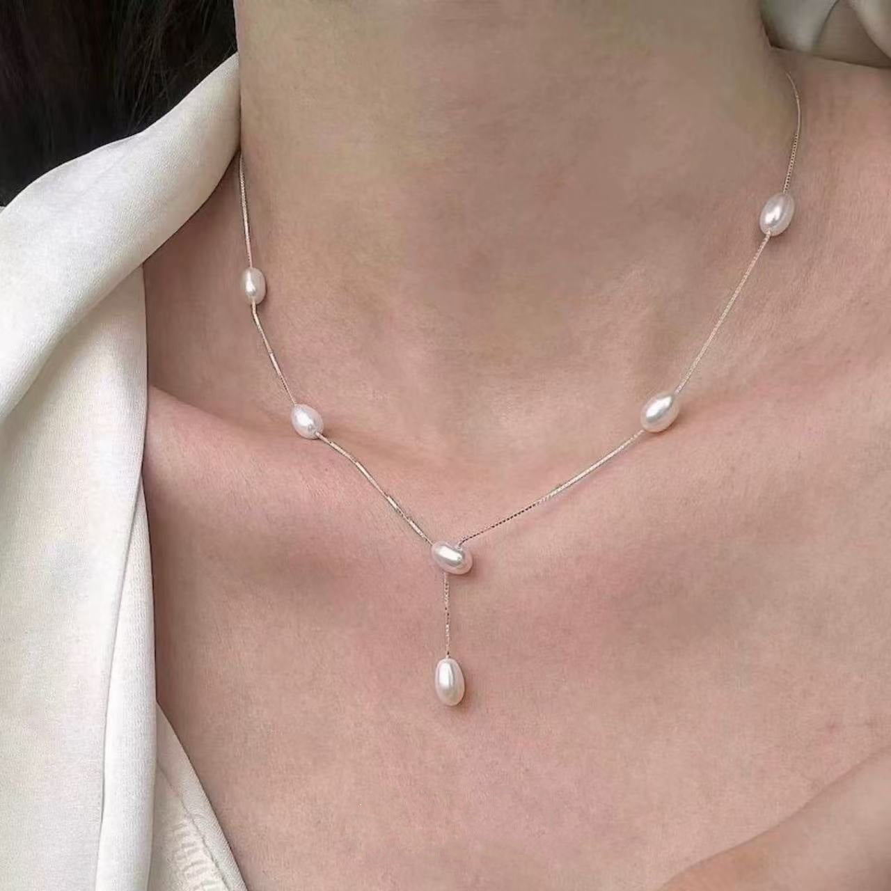 Ladies' necklace "Frie Freshwater Real Pearl Necklace French Elegant Pearl Collar Chain Long Earrings Set for friends, for girlfriends, for sisters, for her birthday, for her own jewelry, for thanksgiving, for women's clothing, with necklace earrings