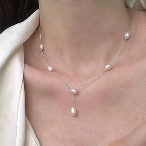 Ladies' necklace "Frie Freshwater Real Pearl Necklace French Elegant Pearl Collar Chain Long Earrings Set for friends, for girlfriends, for sisters, for her birthday, for her own jewelry, for thanksgiving, for women's clothing, with necklace earrings