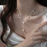 Ladies' necklace "Frie Freshwater Real Pearl Necklace French Elegant Pearl Collar Chain Long Earrings Set for friends, for girlfriends, for sisters, for her birthday, for her own jewelry, for thanksgiving, for women's clothing, with necklace earrings