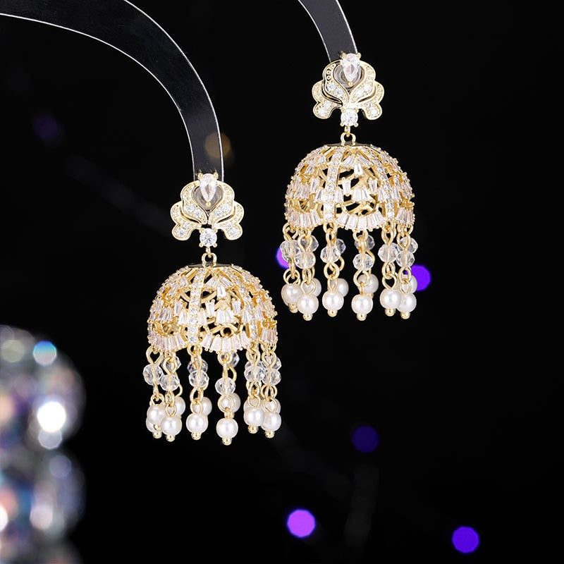 French Court Style Exaggerated and Magnificent Earrings s925 Silver Needle Zircon Inlaid High level Pendant Wind Bell Earrings Women's Dress Professional Dress Fashion Versatile Accessories Earrings Exquisite Girl Gift for Her sisters to Girlfriend B