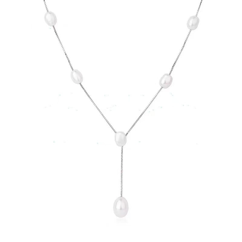 Ladies' necklace "Frie Freshwater Real Pearl Necklace French Elegant Pearl Collar Chain Long Earrings Set for friends, for girlfriends, for sisters, for her birthday, for her own jewelry, for thanksgiving, for women's clothing, with necklace earrings