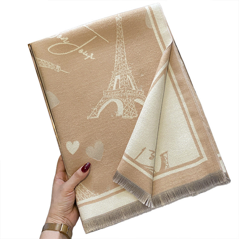 New style cashmere like women's scarf in the autumn and winter of 2025 European and American style iron tower pattern is warm with a multi-purpose scarf. Warm gifts for friends, sisters, relatives, and themselves. Warm and fashionable simple style sc
