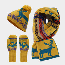 Christmas hat, scarf, gloves, three piece set, European and American reindeer jacquard, autumn and winter warm knit set The best gift for family and friends