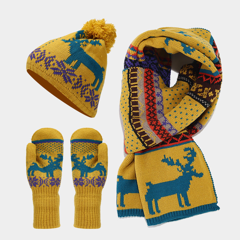 Christmas hat, scarf, gloves, three piece set, European and American reindeer jacquard, autumn and winter warm knit set The best gift for family and friends