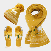Christmas hat, scarf, gloves, three piece set, European and American reindeer jacquard, autumn and winter warm knit set The best gift for family and friends