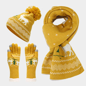 Christmas hat, scarf, gloves, three piece set, European and American reindeer jacquard, autumn and winter warm knit set The best gift for family and friends