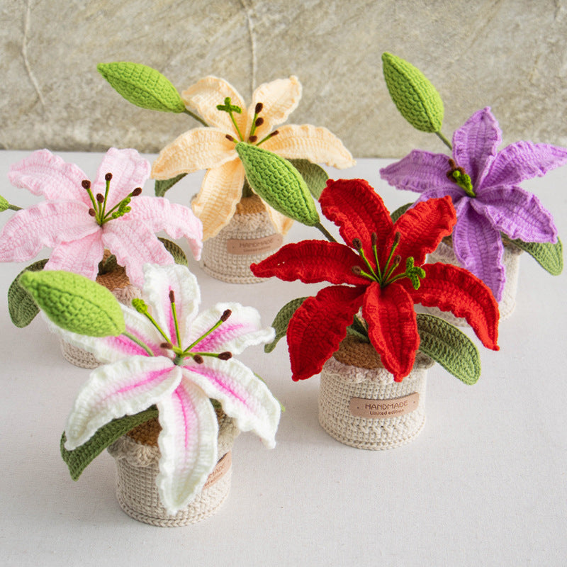 Hand knitted lily wool potted bouquet decorations crocheted potted gifts Wholesale customized a special birthday gift Thanksgiving gift box for friends, sisters, teachers, relatives, Christmas and New Year gift box
