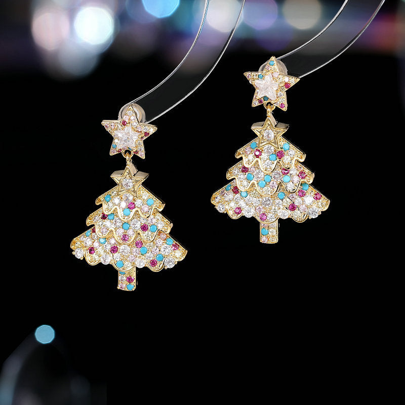 Euramerican fashion Christmas tree earrings New earrings Color zircon inlay Premium Christmas gifts Women's earrings High quality exquisite gifts to send her friends to send sisters to relatives New Year gift Thanksgiving gift box